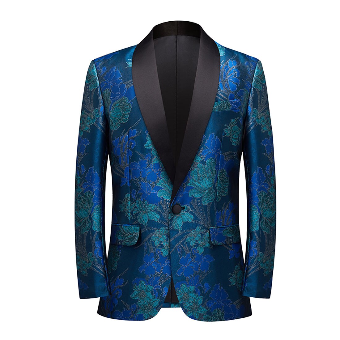 남자 결혼식 연회 자카드 블레이저 블루 정장 재킷, 싱글 버튼 목도리 옷깃 저녁 파티 호스트 턱시도 정장 코트 의상